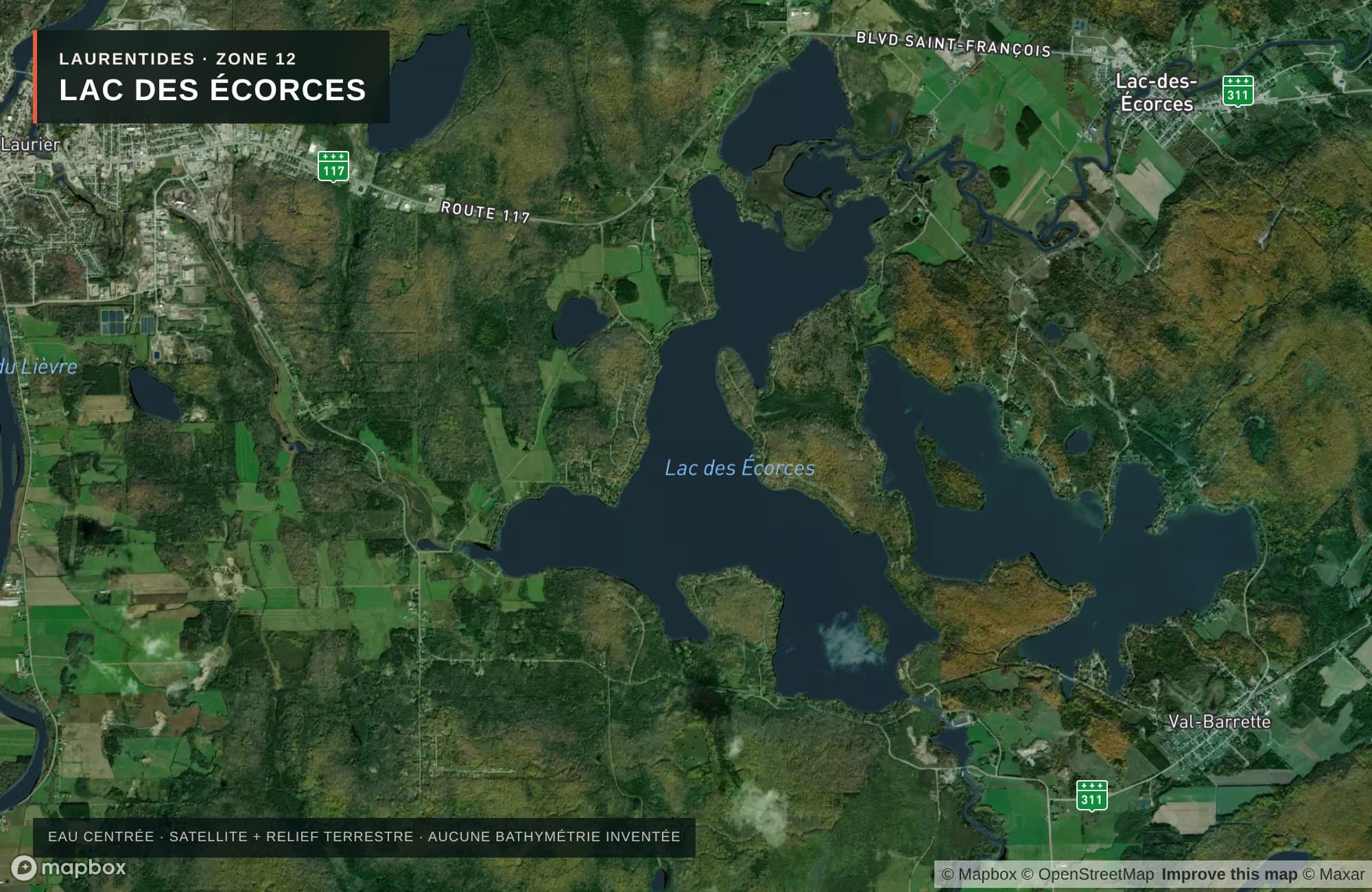 Carte satellite avec routes — Lac des Écorces