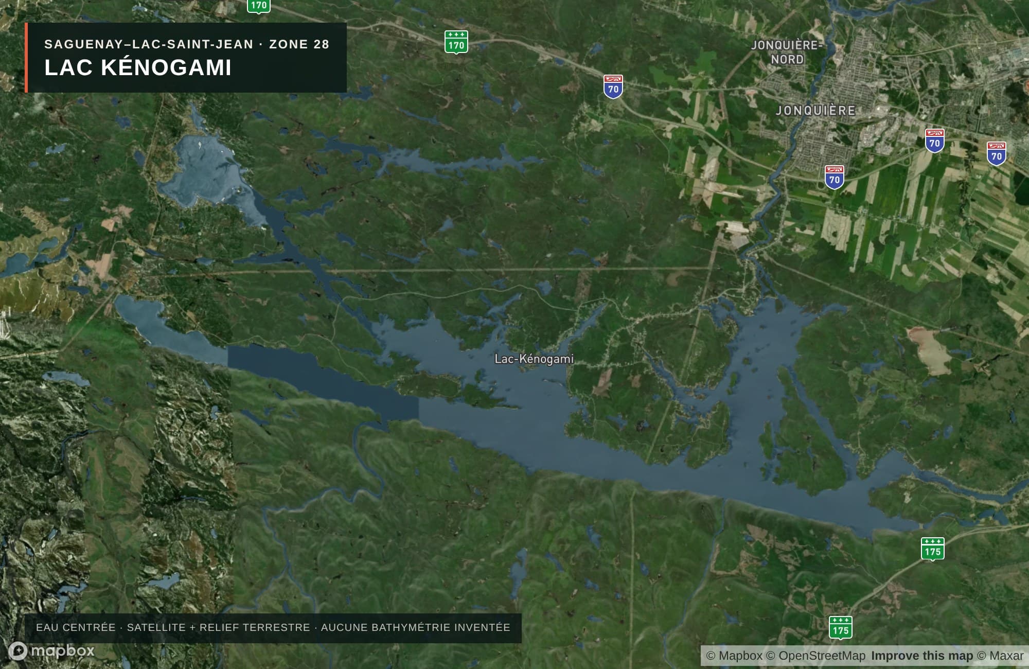 Carte satellite avec routes — Lac Kénogami