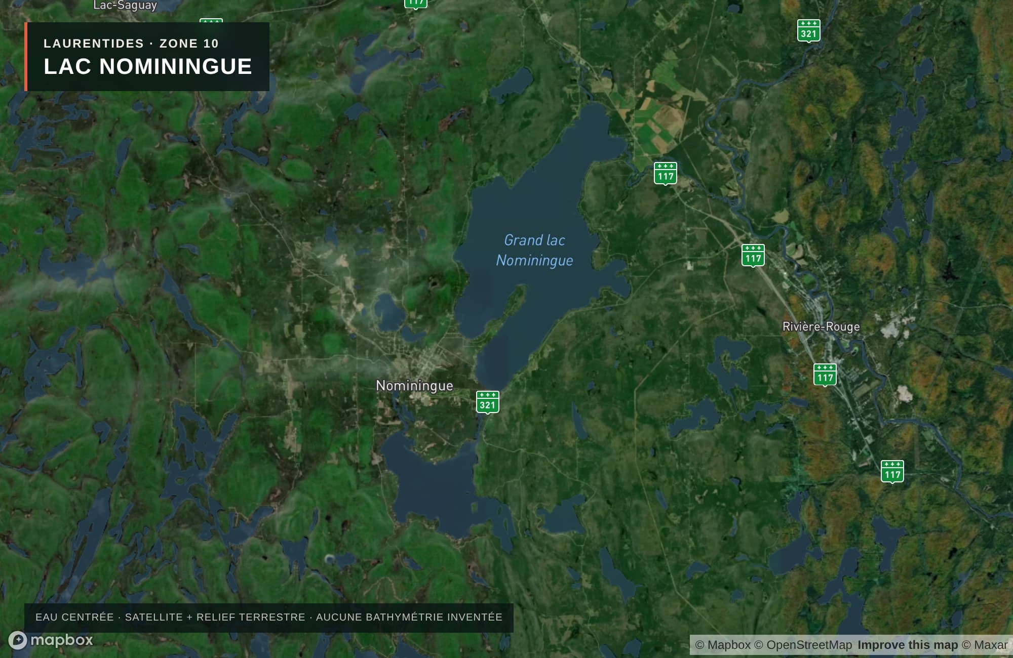 Carte satellite avec routes — Lac Nominingue