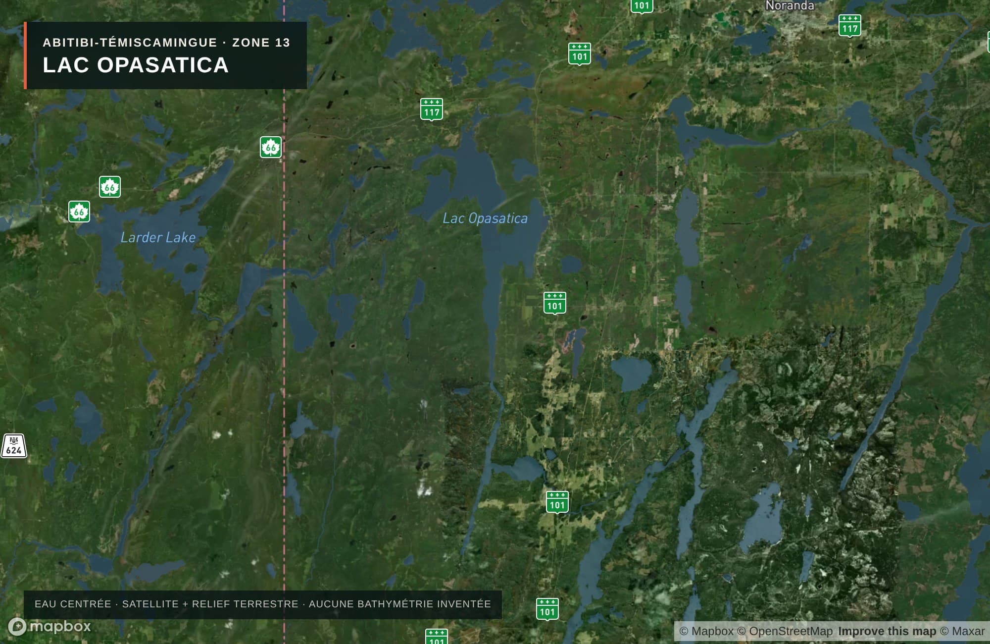 Carte satellite avec routes — Lac Opasatica