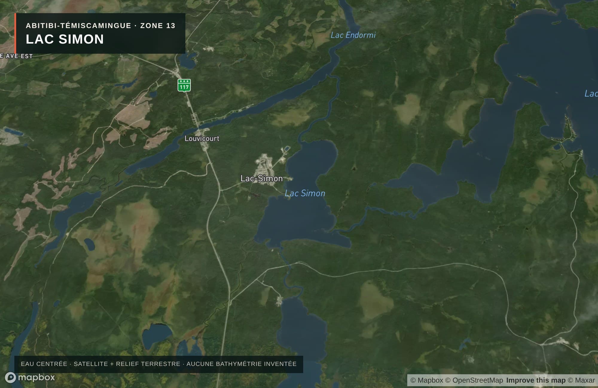 Carte satellite avec routes — Lac Simon