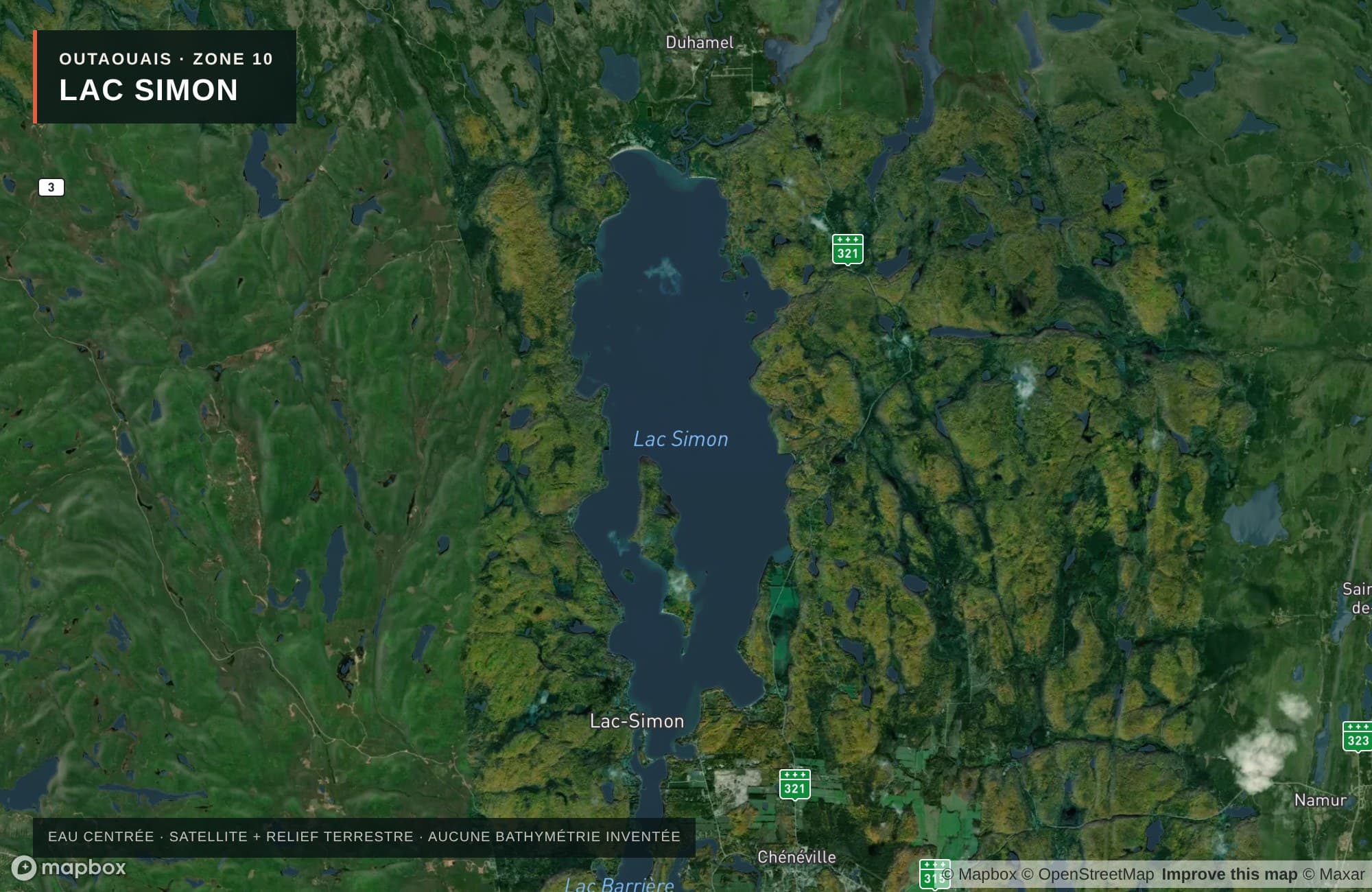 Carte satellite avec routes — Lac Simon