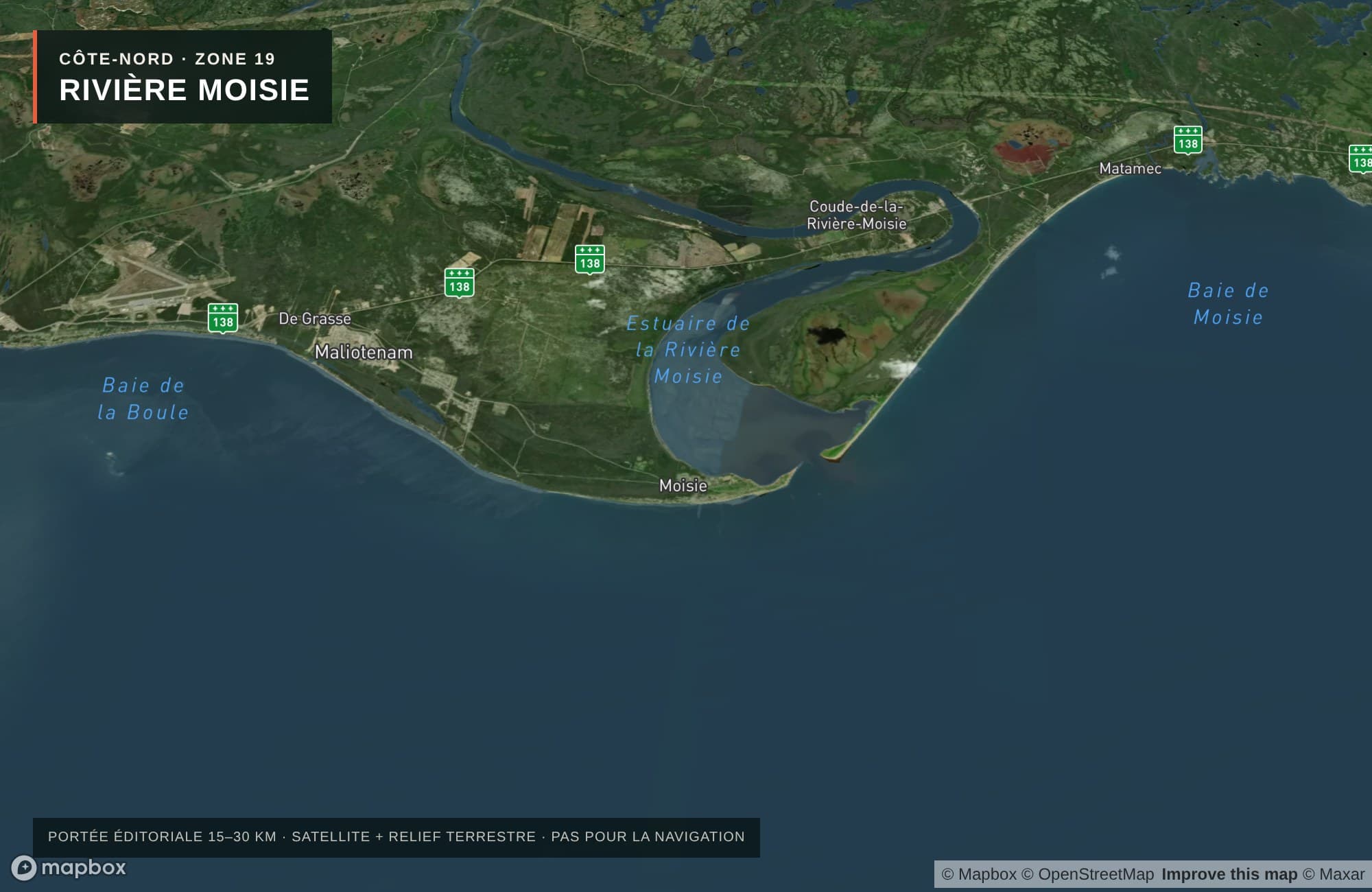 Carte satellite avec routes — Rivière Moisie